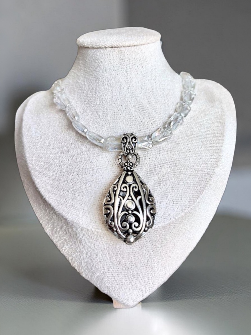 One-of-a-kindClear Crystal Bead Necklace with Ornate SilverTone Filigree Pendant